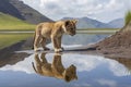 Lion cub looking the reflection of an adult lion in the water on a background of mountains Royalty Free Stock Photo