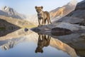 Lion cub looking the reflection of an adult lion in the water on a background of mountains Royalty Free Stock Photo