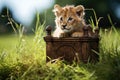 a lion cub playfully exploring a miniature throne in a grassy field