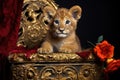 a lion cub playing on an ornate golden throne