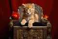 a lion cub playing on an ornate golden throne