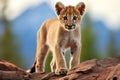 Lion cub standing on a rock looking at the camera with a blurred background Royalty Free Stock Photo