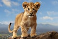 Lion cub standing on top of a rock looking at the camera Royalty Free Stock Photo