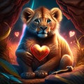 Lion Cubs hugging heart Lion with a heart in the forest. Valentine\'s Day. AI generated animal ai Royalty Free Stock Photo