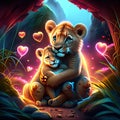 Lion Cubs hugging heart Valentine\'s day greeting card with tiger and lion cubs Generative AI animal ai Royalty Free Stock Photo