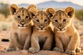 Lion cubs in the Kalahari desert in Namibia, a group of young small teenage lions curiously looking straight into the camera in
