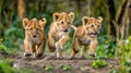 Lion cubs running toward camera