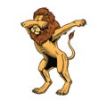 Lion dabbing on white background. Dab meme dance move. Comic style vector illustration.