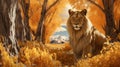 Hyper Realistic Lion In Autumn Forest Wallpaper Royalty Free Stock Photo