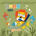 Lion diving with friends in deep sea funny animal cartoon,vector illustration
