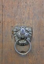 Lion door knocker on old wooden door Royalty Free Stock Photo