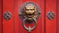 Lion door knocker on a red wooden door in Beijing, China Royalty Free Stock Photo