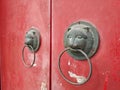 The lion door ring on the red gate of a temple Royalty Free Stock Photo