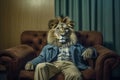 A lion dressed in casual clothes lies in a sofa, concept of Humanized animal, created with Generative AI technology