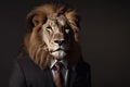 A lion dressed in formal attire, including a suit and tie. Generative AI