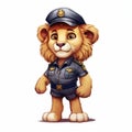 Lion In Police Uniform: Children\'s Book Illustration On White Background