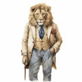 Vintage Watercolor Lion Illustration In Victorian-era Suit