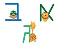 Hebrew letters with animals cartoon. Lion, duck and giraffe