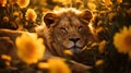 Golden Hour Dreamscape: Majestic Lion Resting Amongst Dahlia Flowers