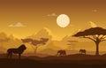 Lion Elephant Animal Savanna Landscape Africa Wildlife Illustration