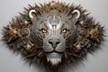 a lion face formed from a variety of metallic nuts, bolts, and washers