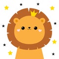 Lion face head icon. Cute kawaii animal. Golden crown, star sparkle. Cute cartoon funny baby character. Kids print for poster, t- Royalty Free Stock Photo