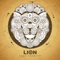 Lion face silhouette with gears on old paper texture background. Punk style.