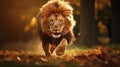 Powerful Portraits: Lion Running Through Autumn Forest