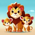 Lion family with baby lion cubs. Cartoon illustration. generative AI animal ai