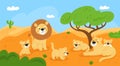 Lion family on nature. Beautiful savannah landscape. Wild animals. Resting pride. Lioness with cubs. King of beasts Royalty Free Stock Photo