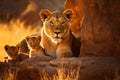 Lion family resting on rocks together. Generative AI Royalty Free Stock Photo