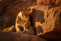 Lion family resting on rocks together. Generative AI Royalty Free Stock Photo