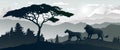 Lion family silhouettes, Vector illustration africa panorama landscape of forest Royalty Free Stock Photo