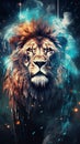 Lion with fire effect and smoke on the background. Digital painting Royalty Free Stock Photo