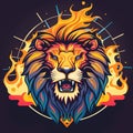 a lion with a fire on its face and a circle of flames around it\'s head