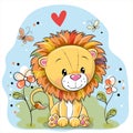 Lion with flowers and butterflies on a meadow