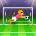 The lion girl as a goalkeeper catching the soccer ball near gates on the field Royalty Free Stock Photo