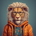 Lion In Glasses And Sweater: Realistic Portrayal With Graphic Design-inspired Illustrations