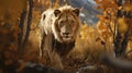 Hyper-realistic Lion Walking Through Fall Forest Royalty Free Stock Photo