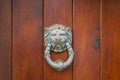 A lion handle on a wooden door. Door knocker