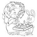 Lion and hare characters play chess, cartoon, isolated object on white background, sketch, vector illustration, Royalty Free Stock Photo