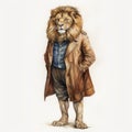 Vintage Watercolor Lion In Coat And Hat - Detailed Character Illustration