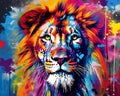 The lion head is in colorful graffiti.