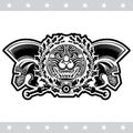 Lion head with crossed swords and laurel wreath between Spartan helmets. Heraldic vintage label