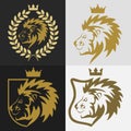 Lion head with crown and shield logo, royal cat profile. Royalty Free Stock Photo