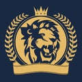 Lion head with crown sign, royal cat profile icon. Vector