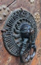 Lion Head Door Knocker, Ancient bronze handles on old oak Royalty Free Stock Photo