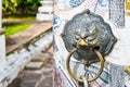 Lion head door knocker on old wooden door Royalty Free Stock Photo