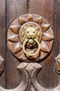 Lion head, Door knocker on wooden door Royalty Free Stock Photo