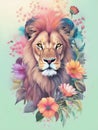 Lion head with fantasy flowers around suitable for sticker, clip art, vintage t-shirt design. Generative Ai Royalty Free Stock Photo